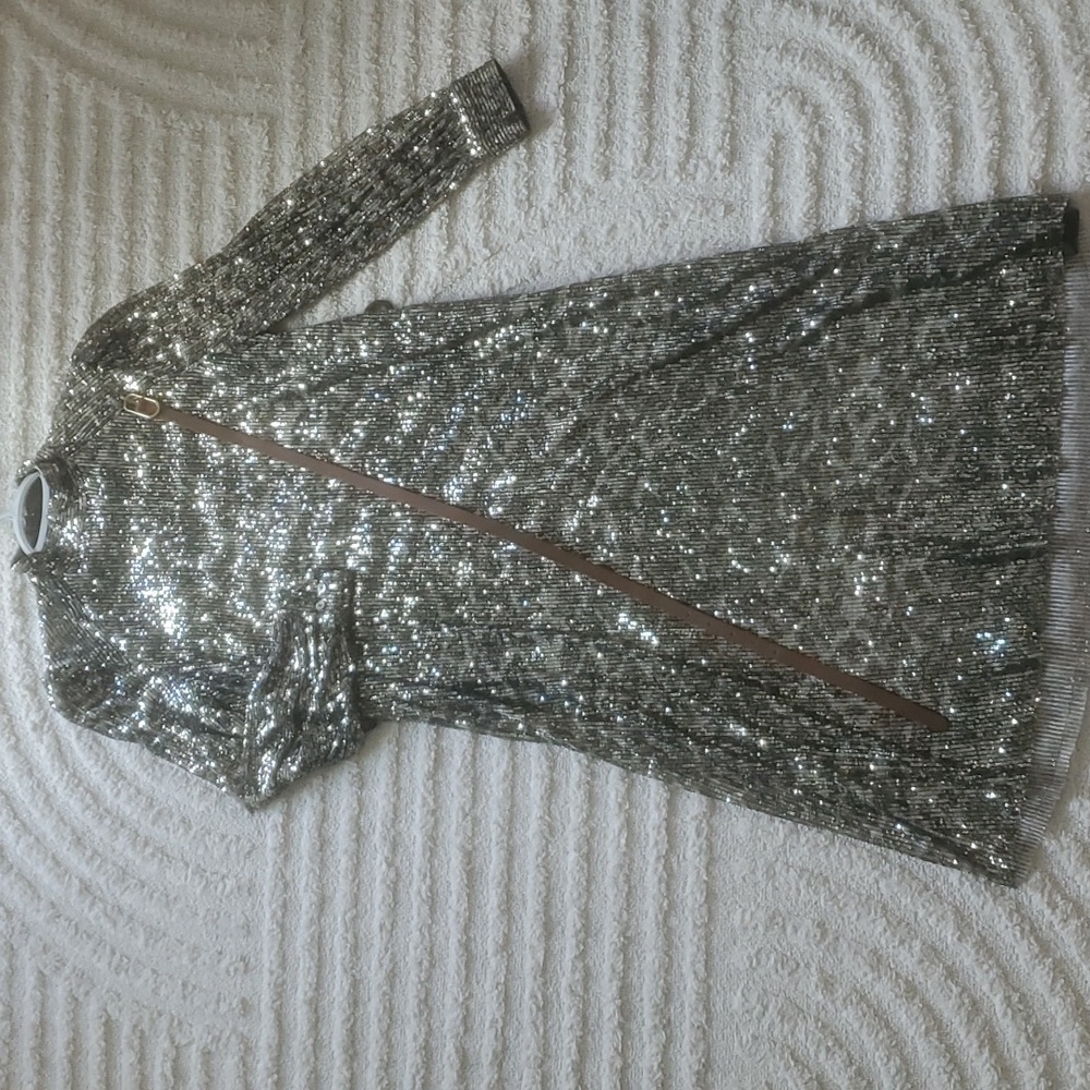 NWOT ZARA Sequin Midi Dress High Collar Animal Print Long Sleeve Silver